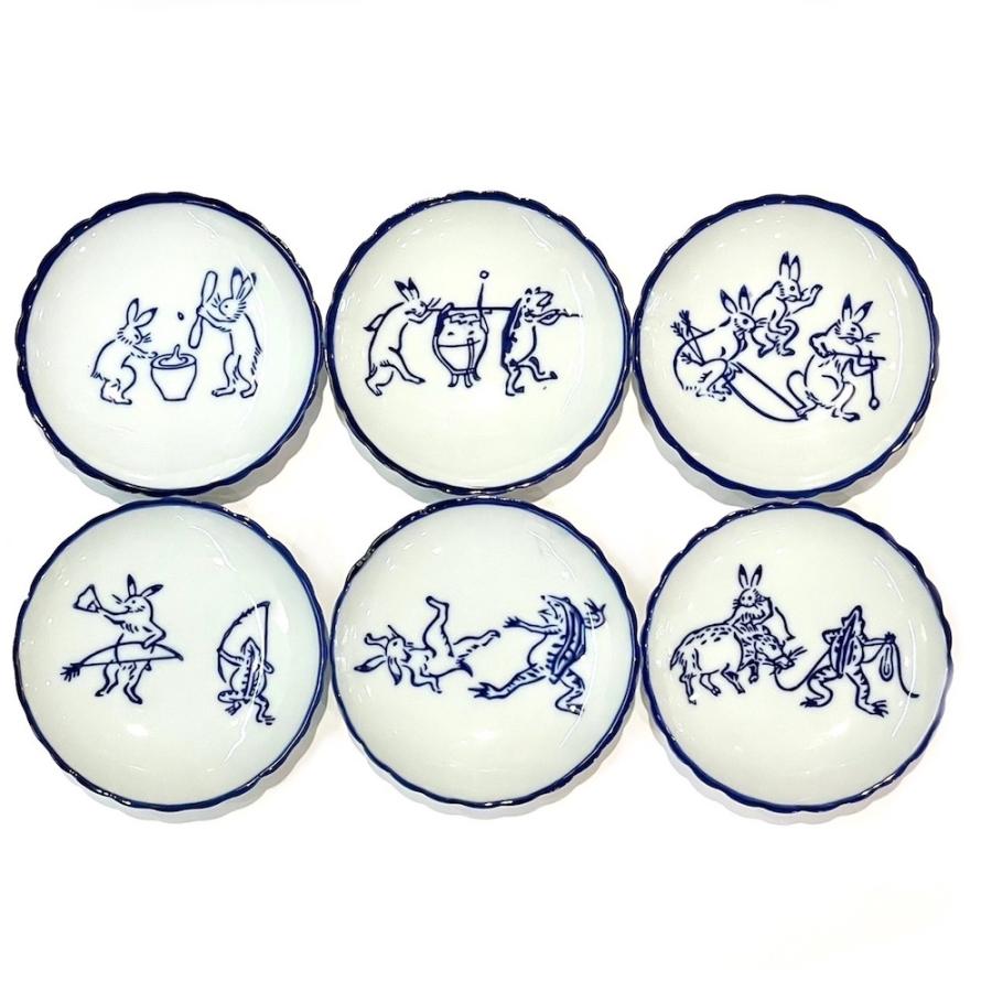 青花 鳥獣戯画 六点 小皿セット19lh01 染付陶器 豆皿 小皿 かわいい