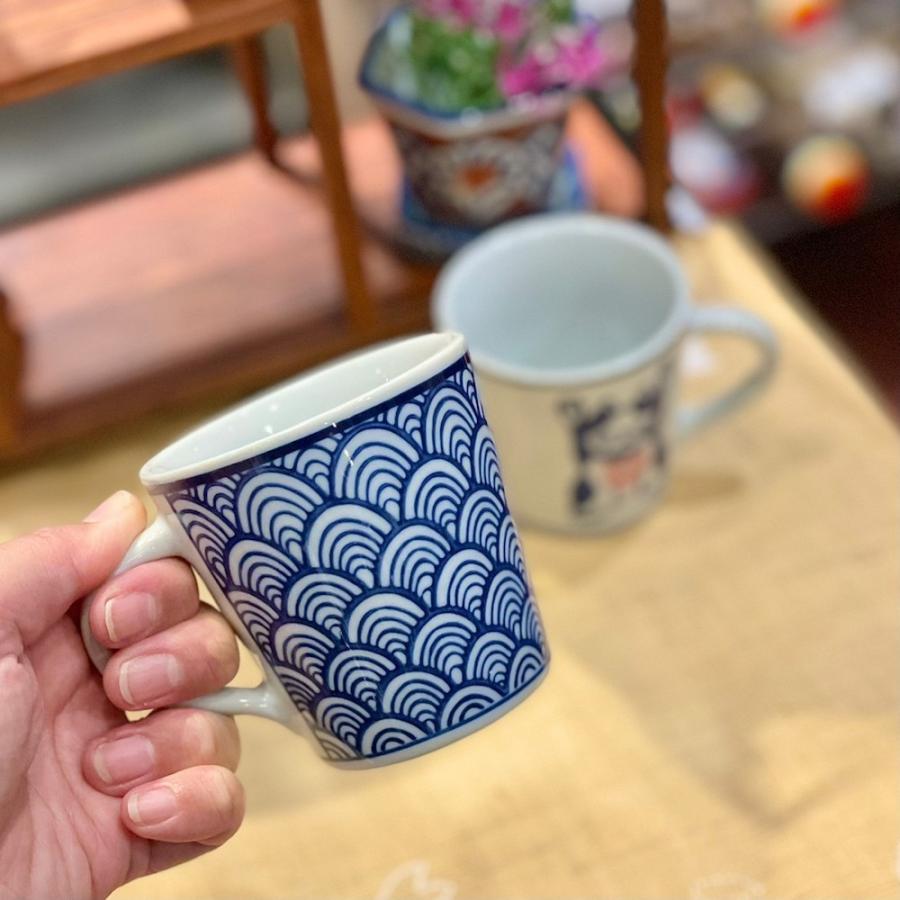 染付陶器 マグカップ コーヒーカップ 湯呑み 青海波 陶器 麻 麻模様