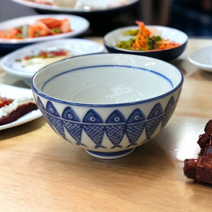染付陶器 お茶碗 飯椀 連魚柄 シンプル ギフト 贈り物 母の日 父の日