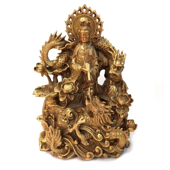 銭乗 観音 菩薩 銅製 仏像 金運 置物 開運 風水 骨董 古美術 アンティーク 真鍮製 黄銅 オブジェ 龍と観音様 観音菩薩 観世音菩薩 観自在菩薩