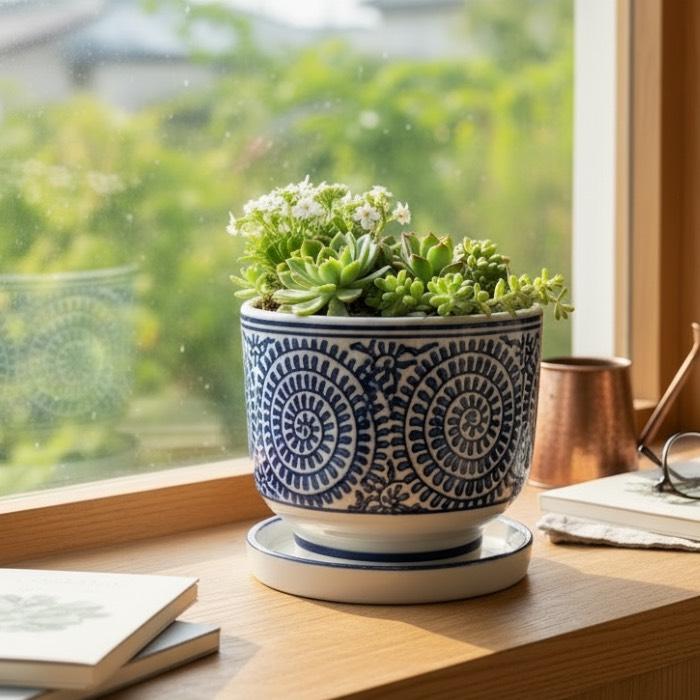 陶器 5寸お碗型植木鉢 和柄 蛸 藍蛸 青海波 洋蓮 鉢底穴あり 和風柄