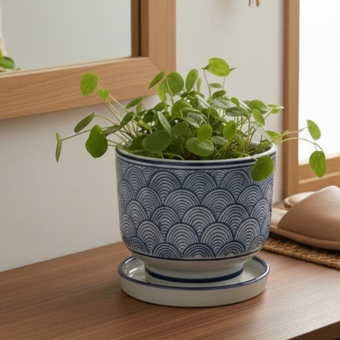 陶器 5寸お碗型植木鉢 和柄 蛸 藍蛸 青海波 洋蓮 鉢底穴あり 和風柄