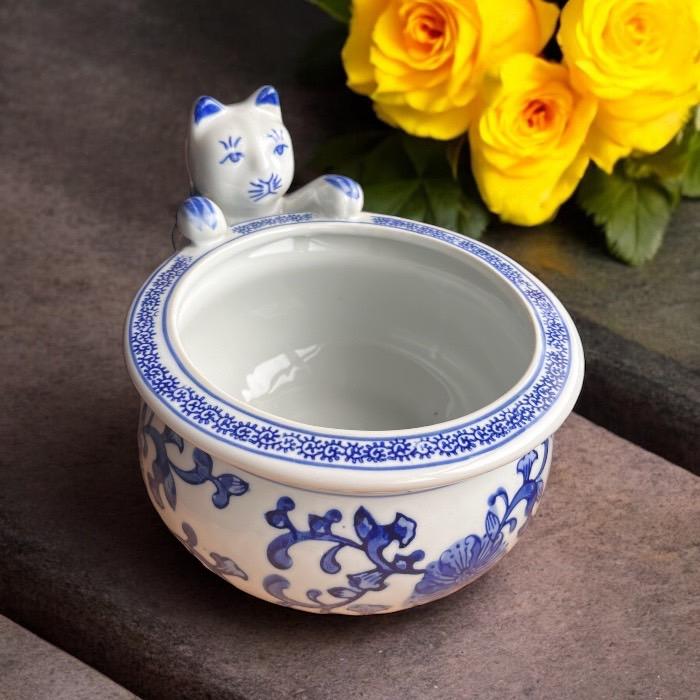 猫付き魚缶 金魚 青花 水鉢 めだか鉢 ビオトープ 水草 ガーデニング 庭