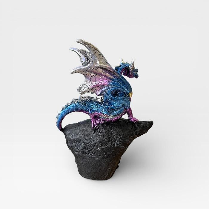 純銀ドラゴンデザイン飾り物セット ファンタジックドラゴン クリスタルを守るドラゴン 龍 竜 青 水色