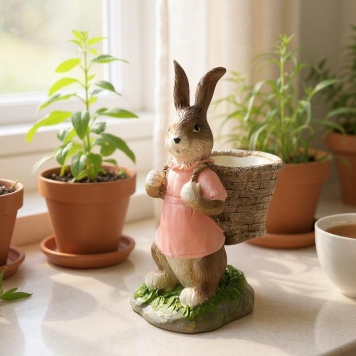 うさぎのカゴ担ぎポット 兎 ウサギ フラワーポット 鉢 植木鉢 鉢底穴