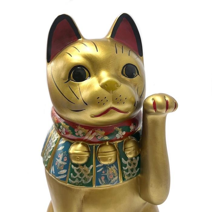【新品未使用】縁起物　金運 癒し ネコ　特大 （招き猫)　瀬戸焼 招き猫 瀬戸焼 染錦福尽くし 染付猫 化粧箱入り 金襴座布団付 8号