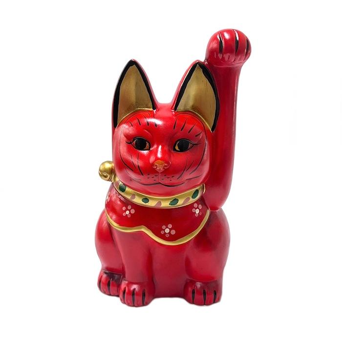 招き猫 瀬戸焼 古色三河猫手長 大 赤 87206-579 陶器 オブジェ ギフト