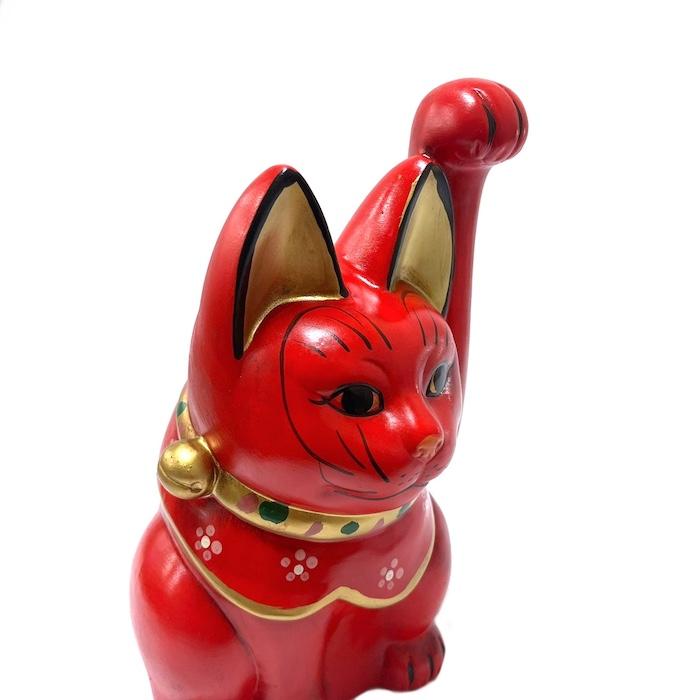 招き猫 瀬戸焼 古色三河猫手長 大 赤 87206-579 陶器 オブジェ ギフト