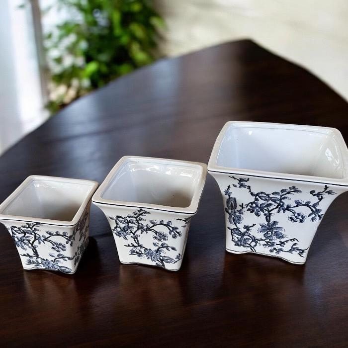 手描き 陶器 青花反口正方鉢カバー 大中小セット プランター 和風 寄せ