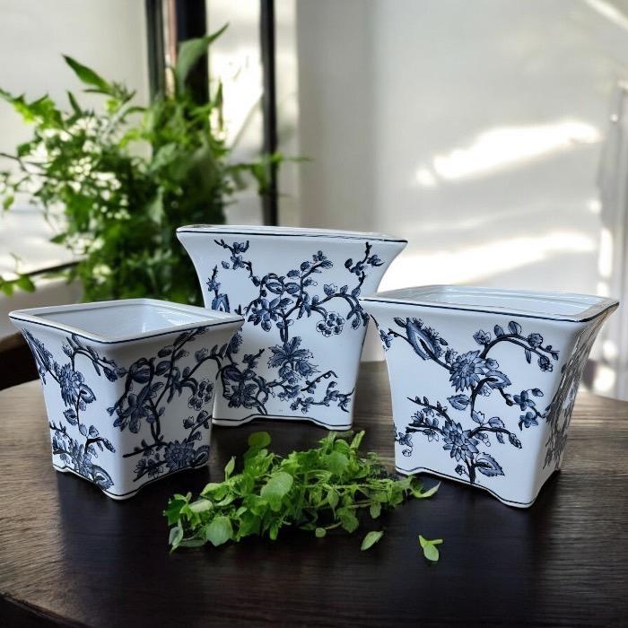 手描き 陶器 青花反口正方鉢カバー 大中小セット プランター 和風 寄せ