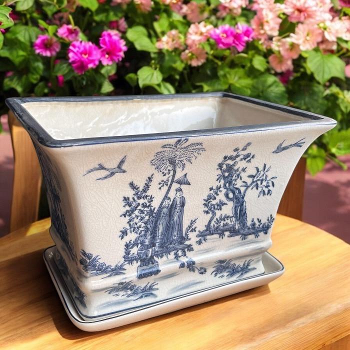 手描き 陶器 青花長方植木鉢皿付き 受け皿付 プランター 和風 寄せ植え