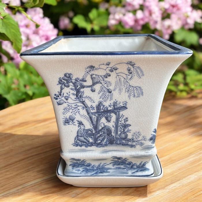 手描き 陶器 青花長方植木鉢皿付き 受け皿付 プランター 和風 寄せ植え