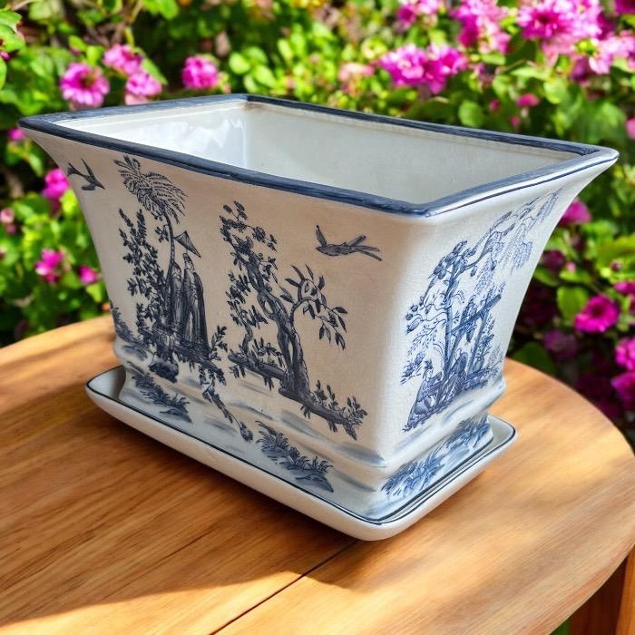 手描き 陶器 青花長方植木鉢皿付き 受け皿付 プランター 和風 寄せ植え