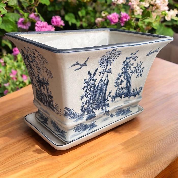 手描き 陶器 青花長方植木鉢皿付き 受け皿付 プランター 和風 寄せ植え