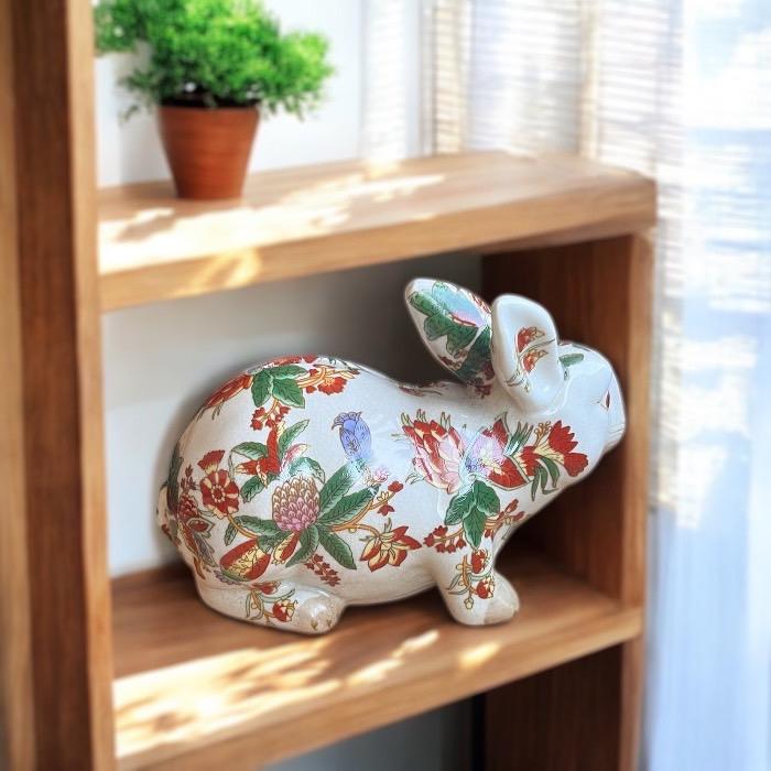 手描き陶器 オブジェ 貯金箱 うさぎ 赤絵 兎 ウサギ 上品 シンプル