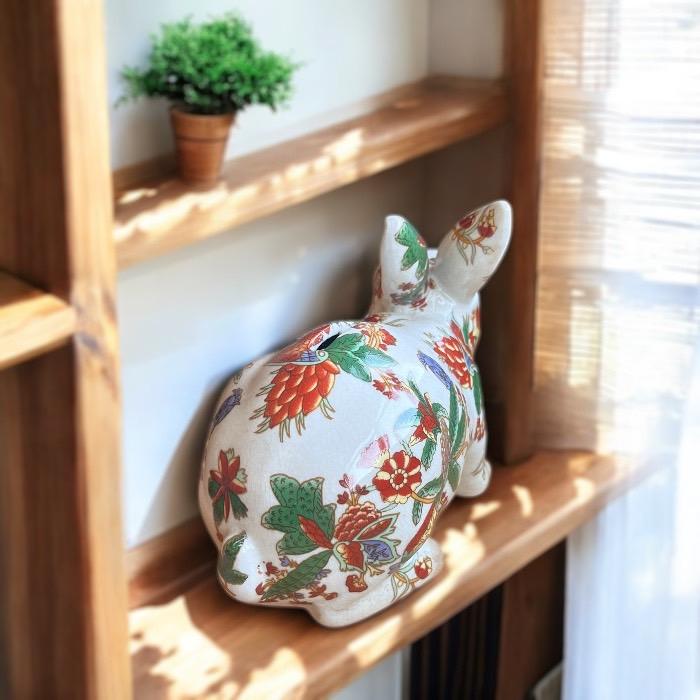 手描き陶器 オブジェ 貯金箱 うさぎ 赤絵 兎 ウサギ 上品 シンプル