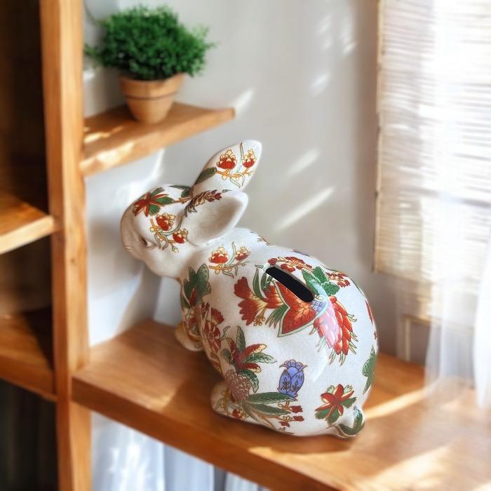 手描き陶器 オブジェ 貯金箱 うさぎ 赤絵 兎 ウサギ 上品 シンプル