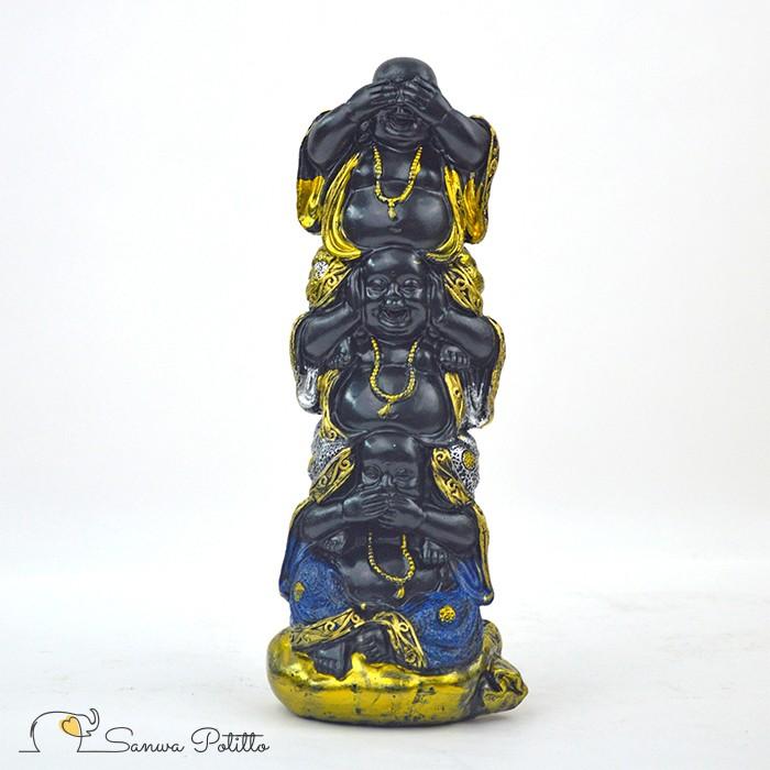 布袋さん（見ざる・聞かざる・言わざる）縦並び D18024 高さ26cm 黒 金