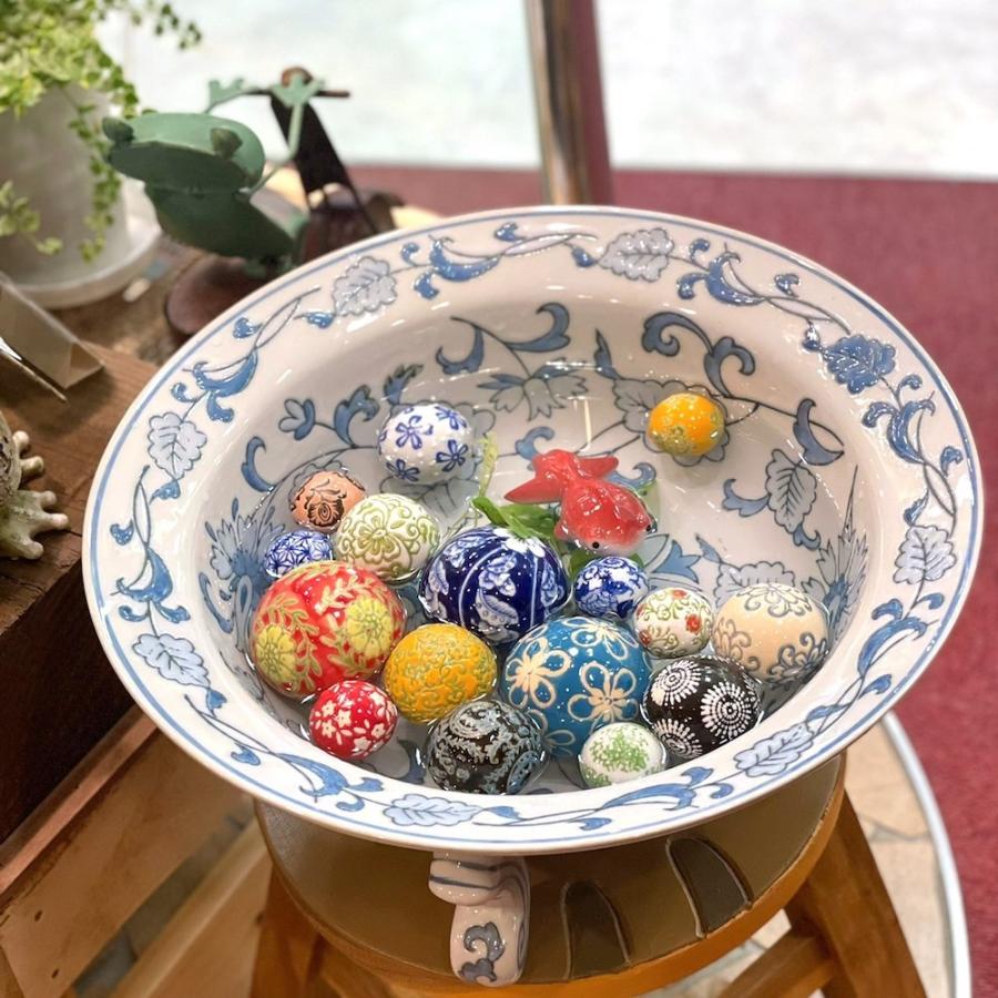 草花柄 水盤 三脚口広魚缶コバルト ブルー 青 fl11-038b めだか鉢