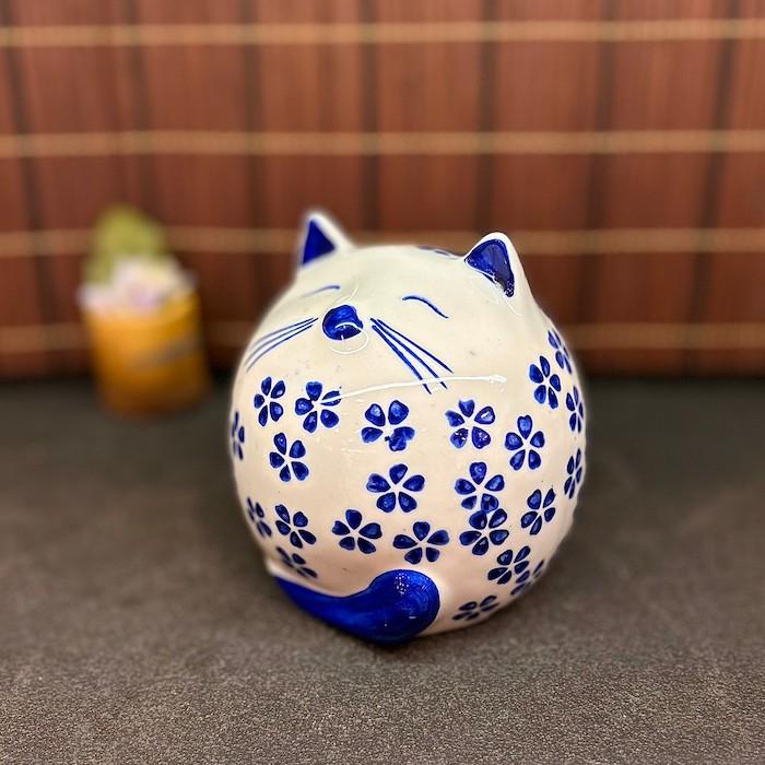 開運大口招き猫銭貯蔵缶陶磁器工芸品開業プレゼント置物1 青花桜猫 貯金箱 ホワイト 白 笑い猫 置物 金運アップ 開運招福 開店