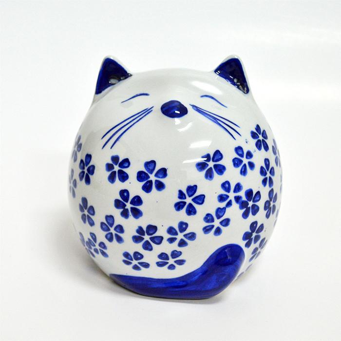 M*a様 招き猫 置物 青い目の招き猫 貯金箱 青花桜猫 貯金箱 ホワイト 白 笑い猫 置物 金運アップ 開運招福 開店