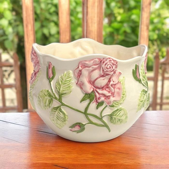 植木鉢 ポルトガル 手描き バラ ピンク ローズ 花柄 陶器 セラミック