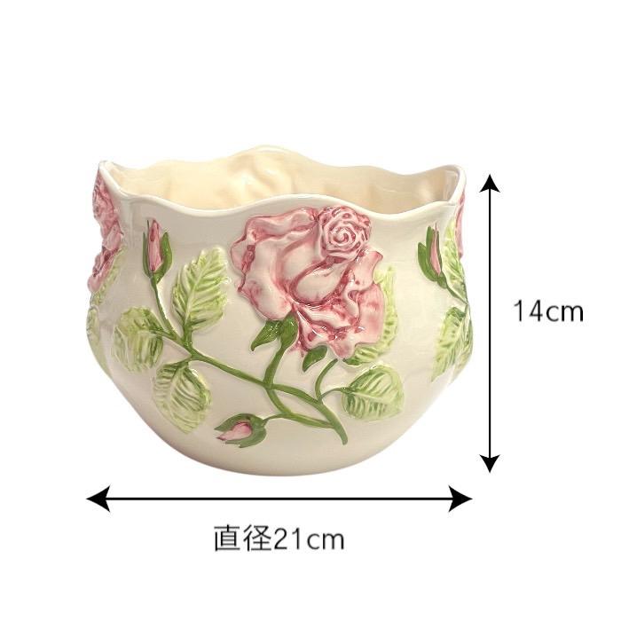 植木鉢 ポルトガル 手描き バラ ピンク ローズ 花柄 陶器 セラミック