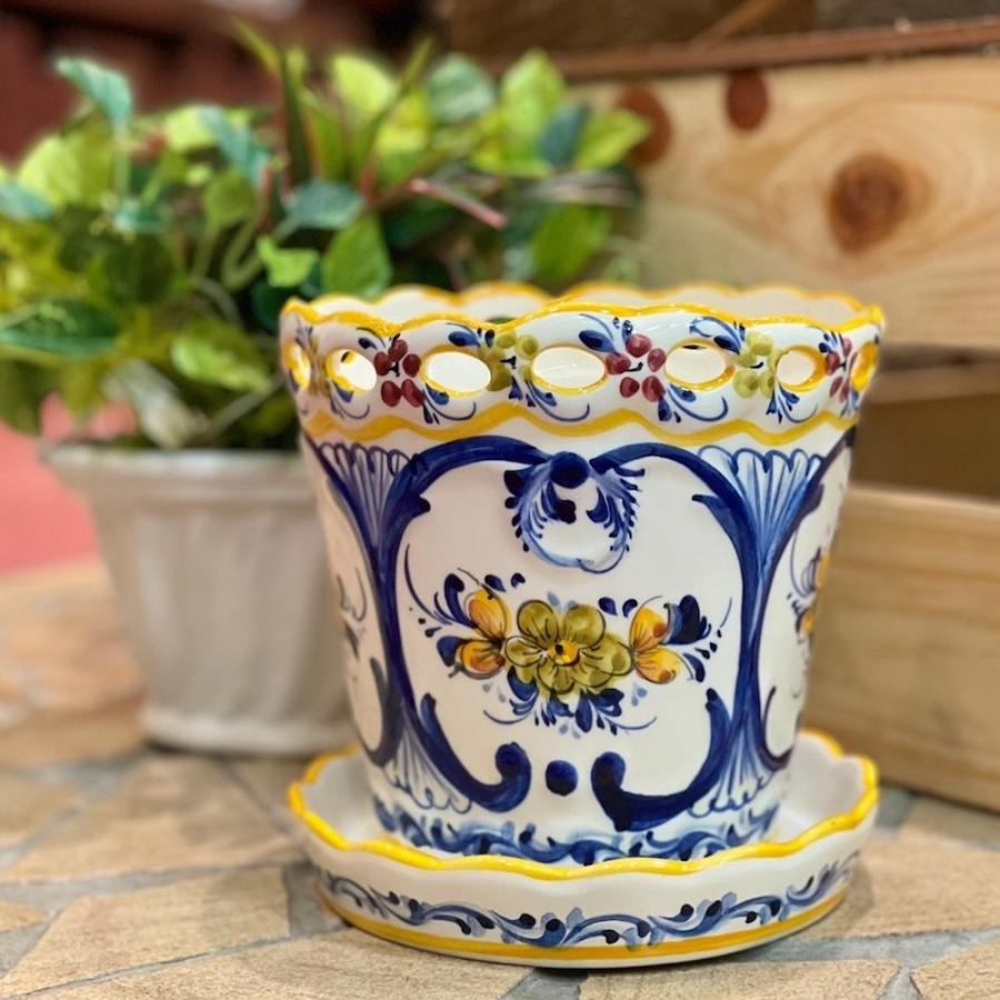 大きい プランター 鉢 陶器 花柄 スペイン 受け皿付 白 洋風 北欧 未使用 大きい プランター 鉢 陶器 花柄 スペイン 受け皿付 白 洋風 北欧 未