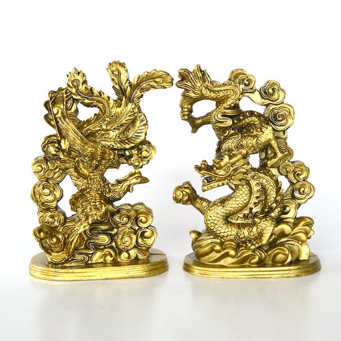 龍 鳳凰 セット ゴールド 金 ブロンズ風 ドラゴン フェニックス 置物