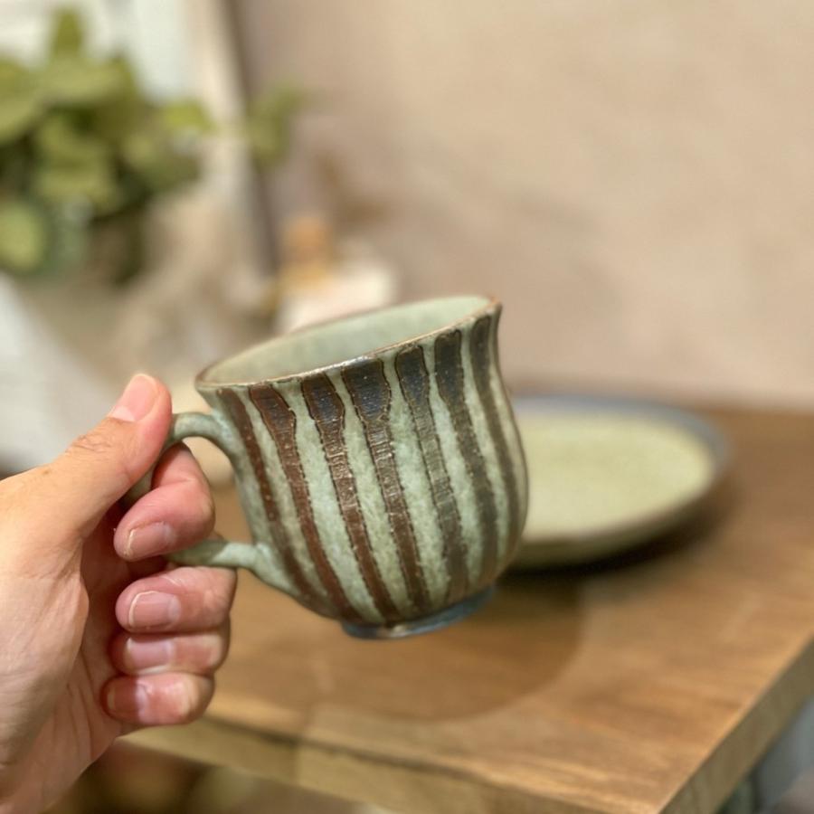 みわさん専用　陶芸6点＋カップ、ソーサー、豆皿6点 萌黄ストライプコーヒー碗皿 w308-04 ソーサー セット カップアンド