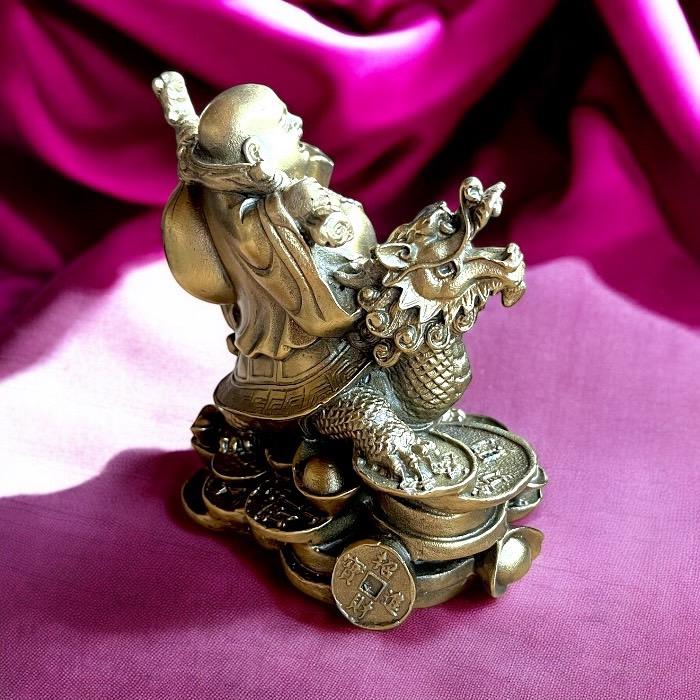 龍亀に乗る布袋尊 布袋様 ロングイ 七福神 縁起物 置物 神仏 金運