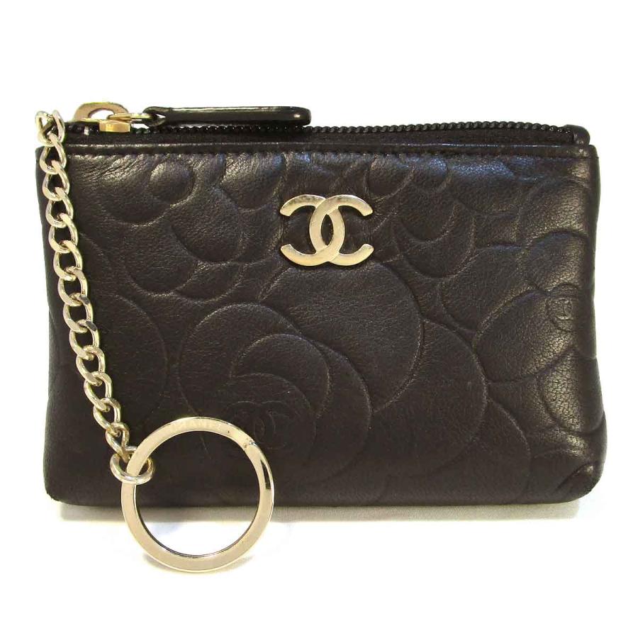 シャネル コインケース カメリア キーリング付コインケース 黒 中古