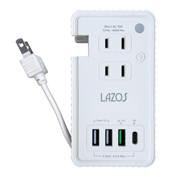 AC電源タップ＆USB充電器 最大出力50W ケーブル収納式タップ＆ACチャージャー Lazos L-PSAC-W2/6691/送料無料｜saponintaiga