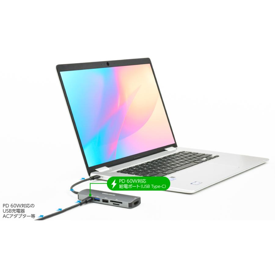 ドッキングステーション カードリーダー USB+CR+HDMI+PD60W給電 USB Type-C USB3.1 Gen1 6in1 グリーンハウス GH-MHC6A-SV/8721/送料無料メール便 ポイント消化｜saponintaiga｜09