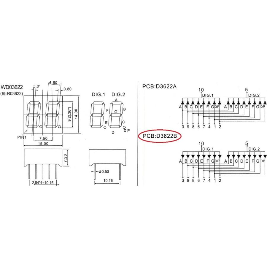 7セグメントLED　2.54mmピッチ　LG3622BH　アノードコモン　7セグ2桁　赤LED　1個入　＜led-903＞｜sapporo-boueki｜02