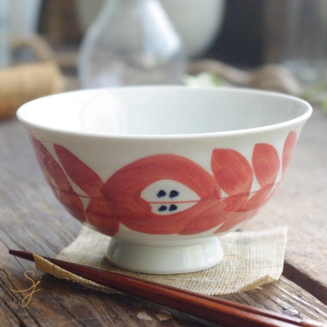 波佐見焼 手描き 北欧風 マジョリカ ご飯茶碗 飯碗（赤絵レッド赤）和 