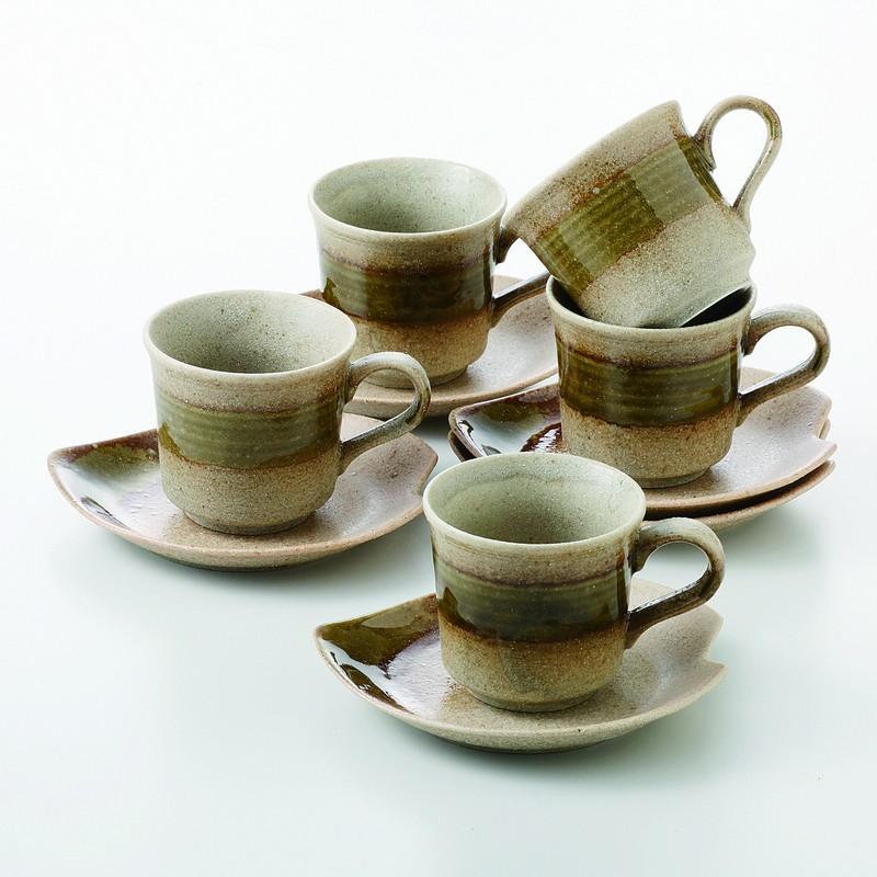 コーヒー カップ 5客セット 和食器 おしゃれ 窯変織部コーヒー碗皿揃｜sara-lia
