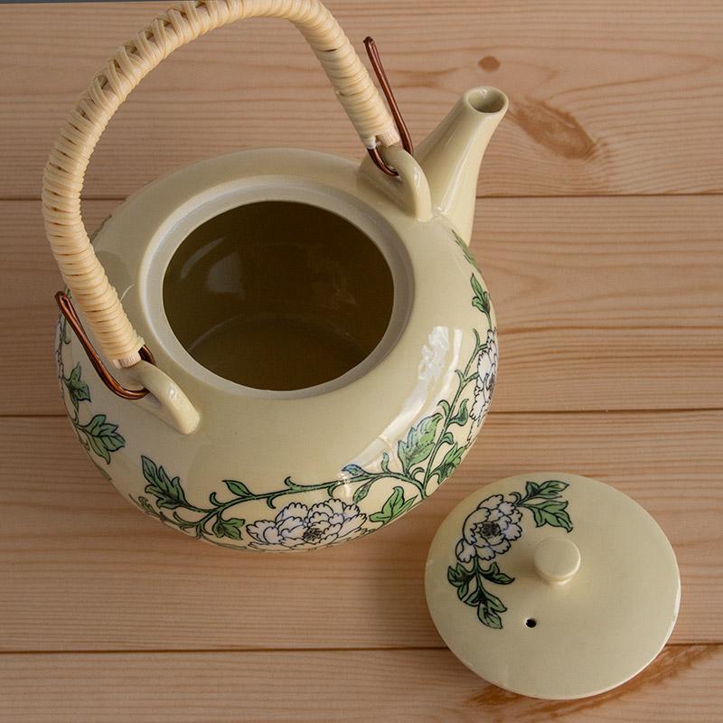土瓶 910cc 和食器 急須 花柄 茶器 クリーム色 / 白芍薬柄 ※訳アリ・柄