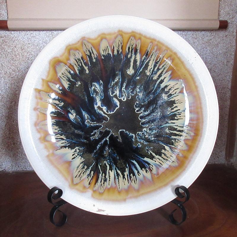 粉引天目 窯変流し 大皿 46.8cm / 貫入入っています 皿立て付き 大きな  