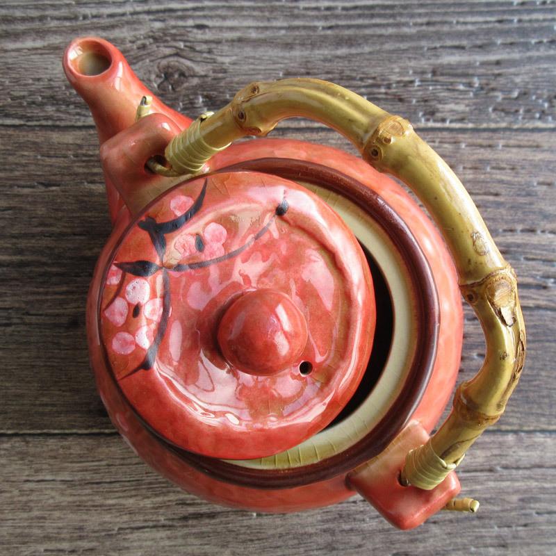 土瓶 850cc 和食器 急須 ポット 赤色 梅の花 花柄 和風 中国製 / 茶線