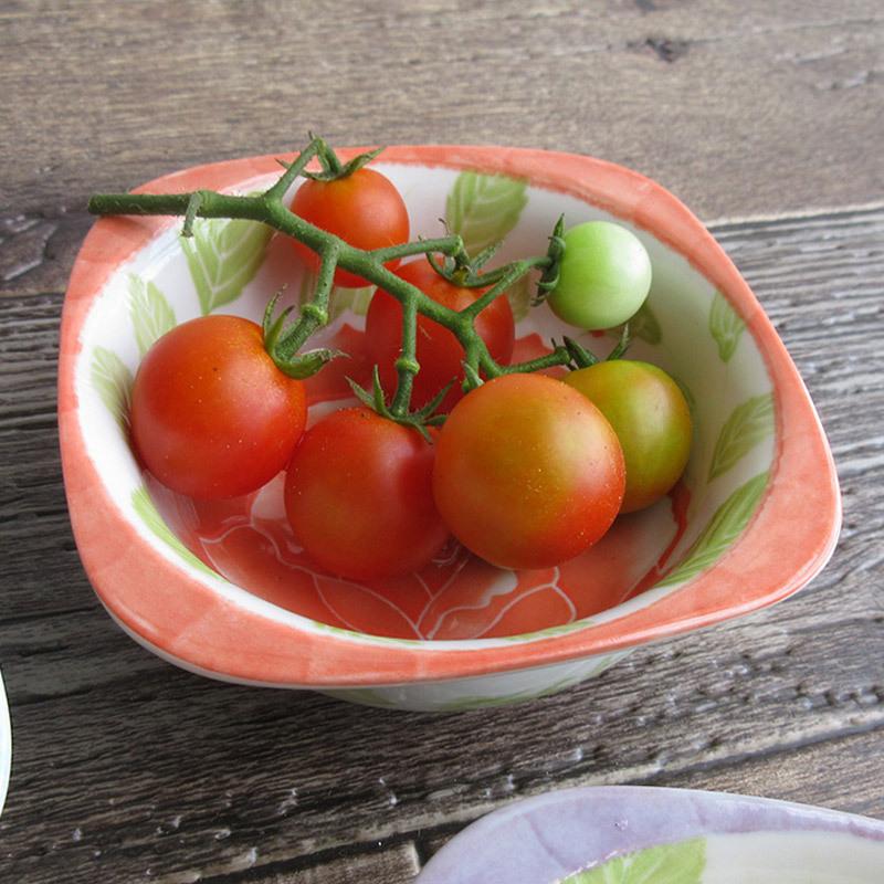 小鉢 ボウル 四角い器 日本製 バラ柄食器 薔薇 陶磁器 ブル− レッド