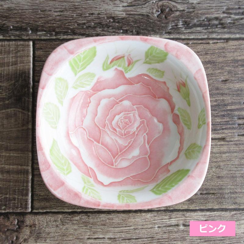 小鉢 ボウル 四角い器 日本製 バラ柄食器 薔薇 陶磁器 ブル− レッド