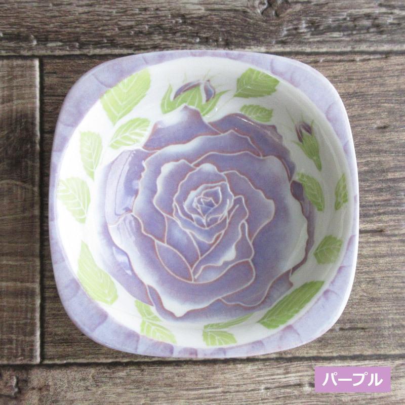小鉢 ボウル 四角い器 日本製 バラ柄食器 薔薇 陶磁器 ブル− レッド