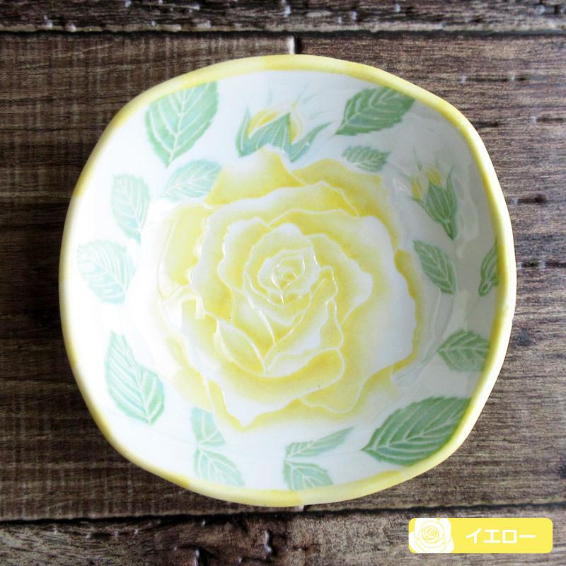 ✨美品✨薔薇柄 天然木(檜)製 皿 4個セット 小鉢 ボウル 四角い器 日本製 陶磁器 バラ柄食器 ブル− レッド