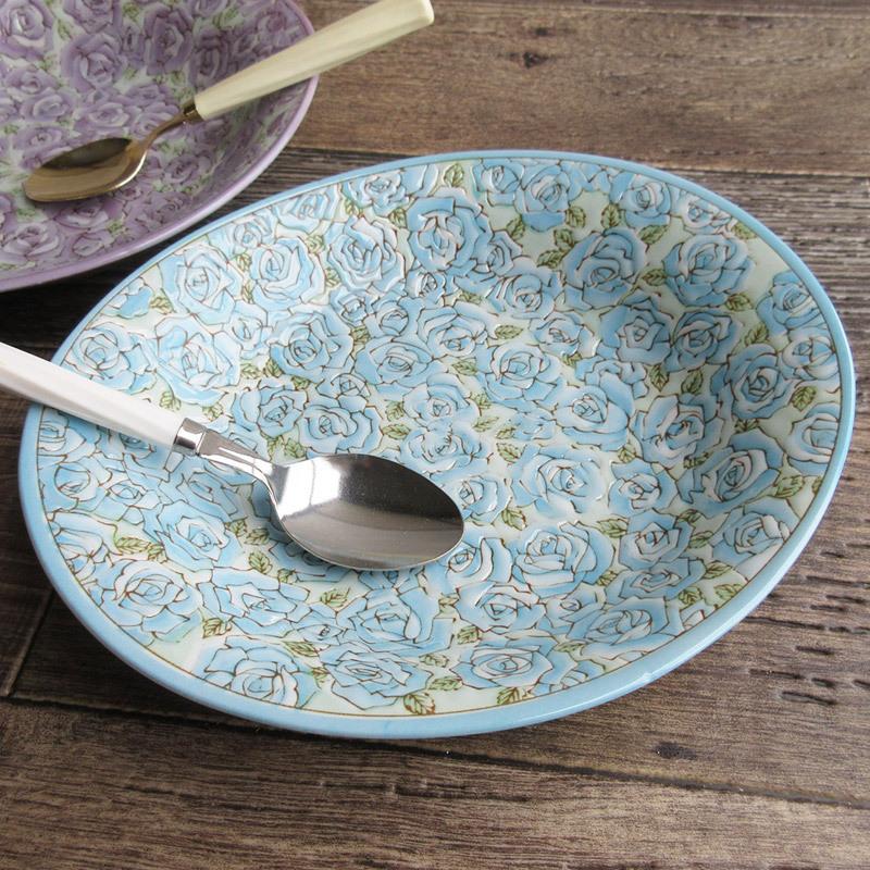Bavaria Arabella バラの花柄 陶磁器皿 2枚セット ミニローズ オーバルカレー皿（2色選択）/ バラ柄食器 薔薇 楕円皿
