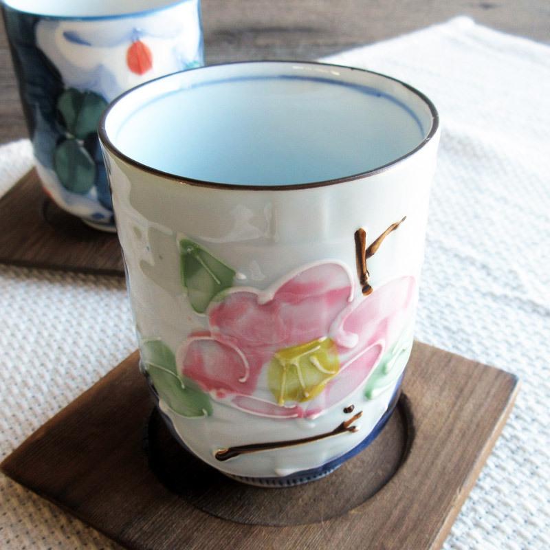 湯呑 ゆのみ 200cc 和食器 日本製 美濃焼 桃色 紺色 つばき 落ち着いた