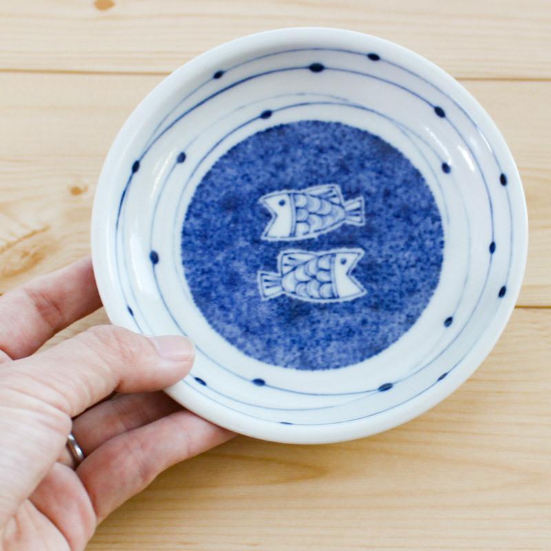 ラインドット 双魚 小皿 12.4cm / 和食器 和風 漬物皿 魚 フルーツ皿