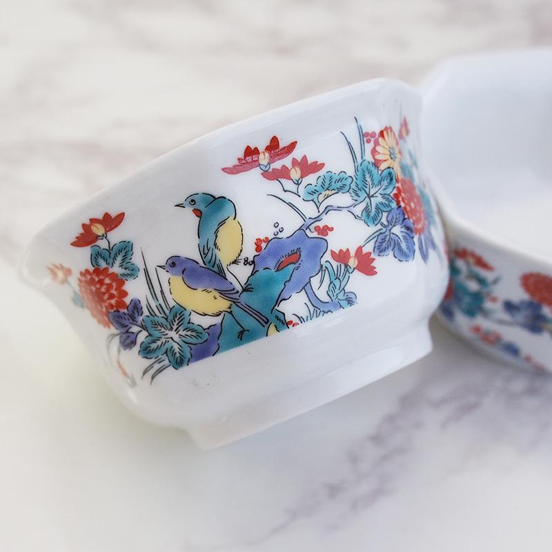 えびいち　庄三造　赤絵　花鶴人物文　菓子器　鉢　時代箱付　V　R6788F えびいち 庄三造 赤絵 花鶴人物文 菓子器 鉢 時代箱付