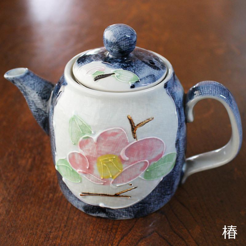 和の花柄 ポット（3種選択）茶こしつき / 桔梗 紫陽花 椿 濃紺 布目地 