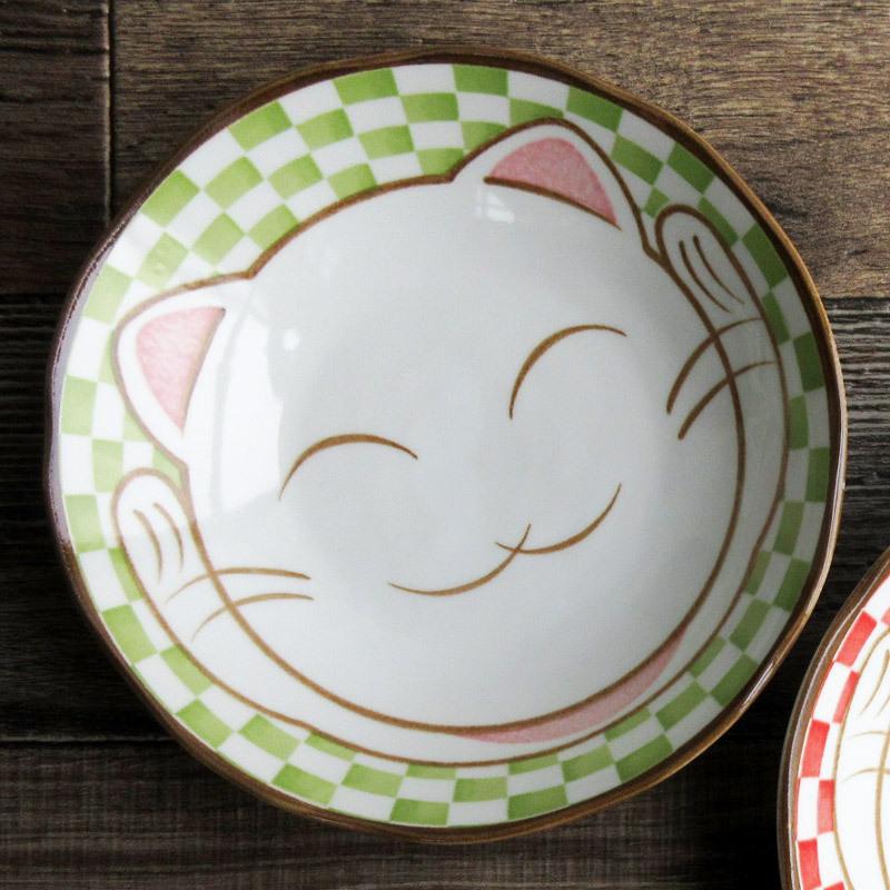 稀少 備前焼 招き猫図 皿 銘有 昭和レトロ 浅鉢 深皿 日本製 和食器 レッド グリーン ネコ ねこ 招き猫 8インチ